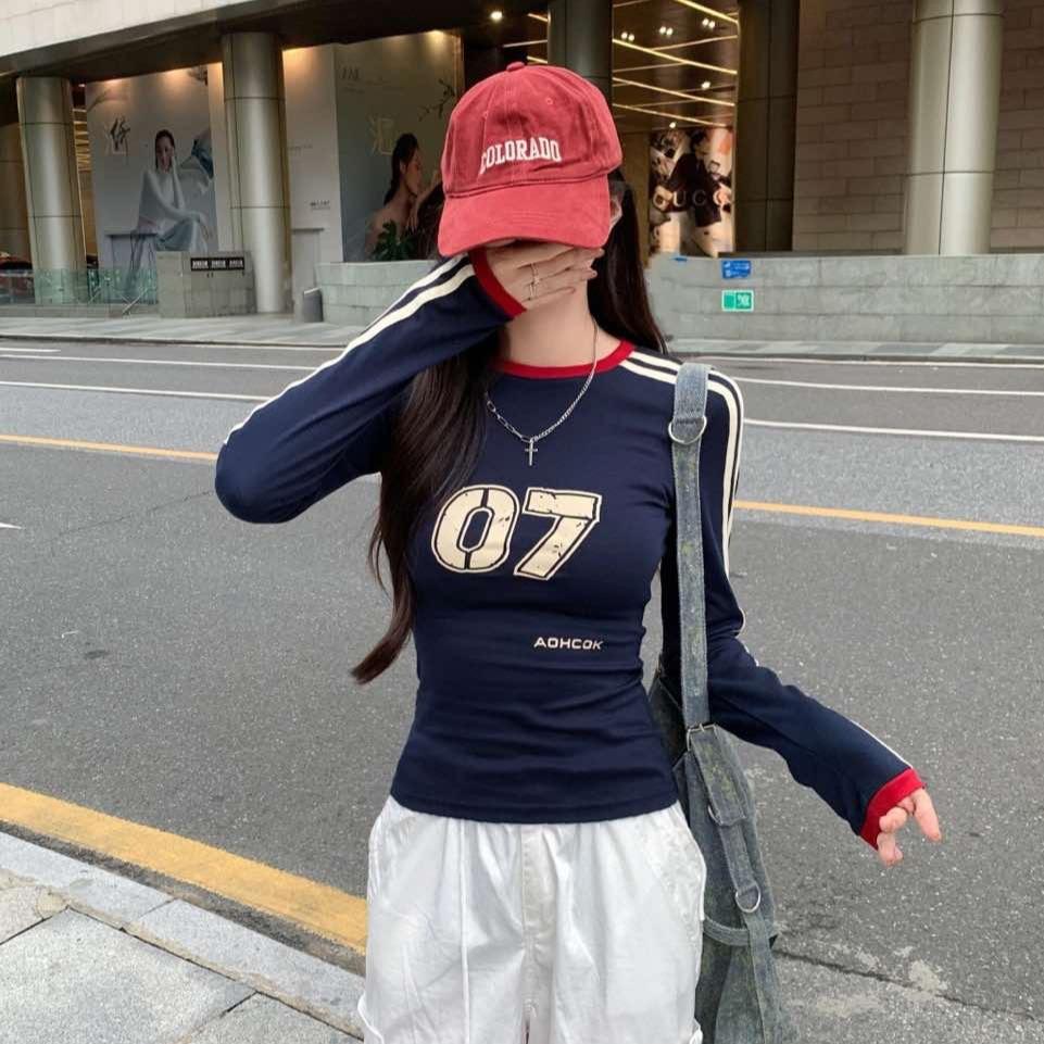 Japanese Y2k Letter Print T Shirt Vintage Harajuku Long Sleeve Jersey T-shirt American Retro Streetwear 2000s Aesthetics