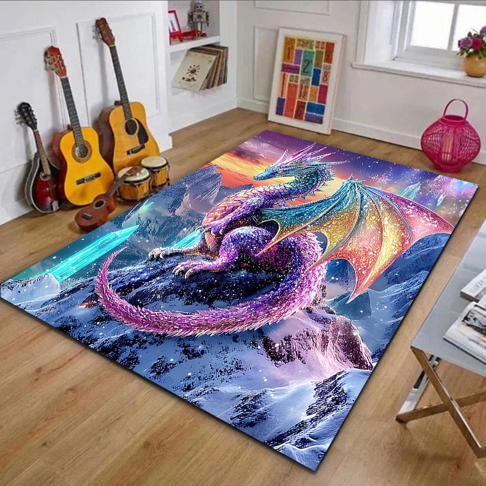 Rainbow Crystal Dragon in Snowy Peaks Patterned carpet, non slip mat suitable for living room and bedroom sofas