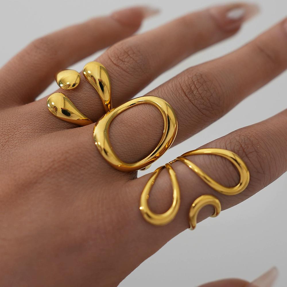 Stainless Steel Geometric Line Hollowed-Out Opening Ring Simple And Fashionable Design Sense Trendy Jewelry Accessory For Women