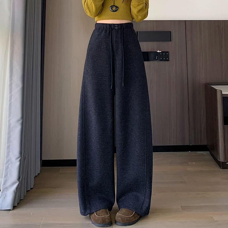 Xin Xin Women's Plus Velvet Thick Woolen Curved Leg Trousers - Loose, Straight, Wide-Leg for Autumn Winter 2025