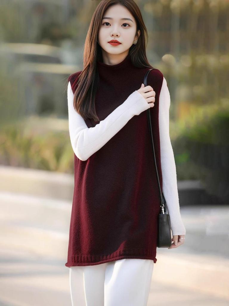 Korean Style Half-High Neck Fleece Knit Vest for Women – Autumn Winter, Loose Mid-Length Sleeveless Sweater