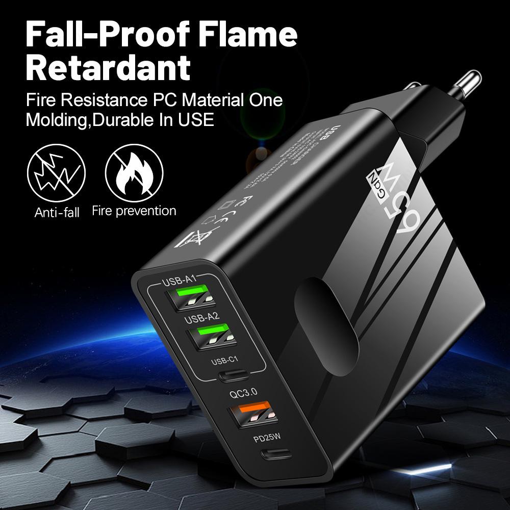 65W PD Rapid Charger: 5A Type-C + 3 USB Multi-Port Travel Adapter