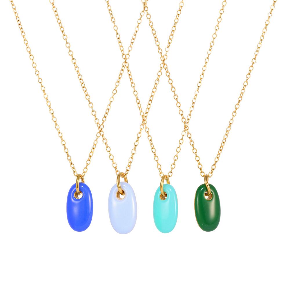 Morandi Color Oval Enamel Drop Pendant Necklace, Simple & Elegant Clavicle Layer, Stainless Steel Chain, Non-Fading.