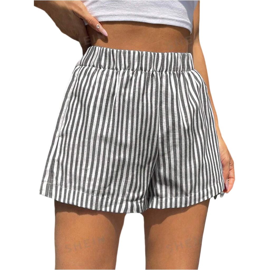 Damen Baumwollshorts Gestreift Elastischer Bund Pyjamahose Lounge Schlafshorts mit Taschen Sommerkleidung