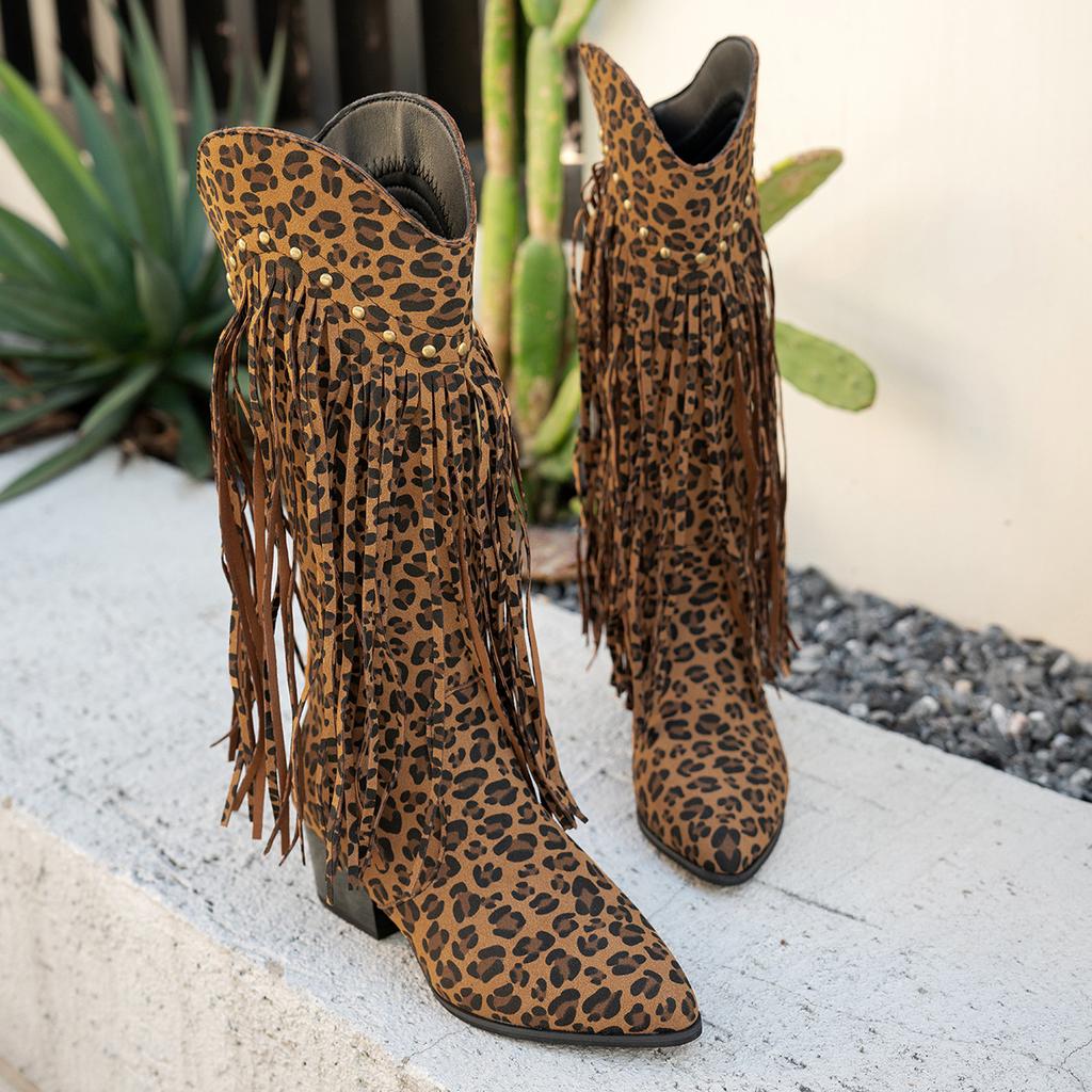 Women's Tassel Long Boots Spring Autumn Fashion Retro Style Pointed Head Solid Color Booties Vintage Shoes Rivet Knee-High Botas