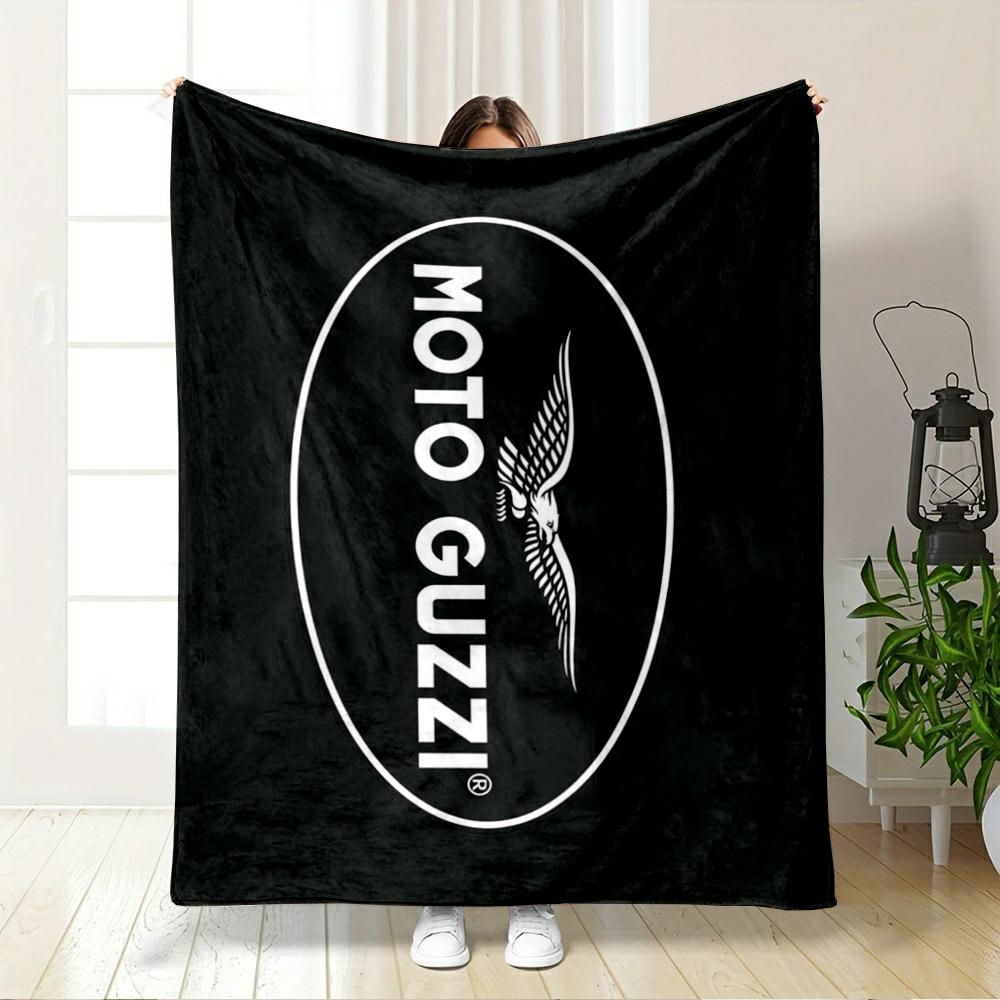 Moto Guzzi Oval White Logo on Solid Black Blanket Throw, Monochrome Italian Brand Style Design, Cozy Fan Bedding and All Seasons Gift