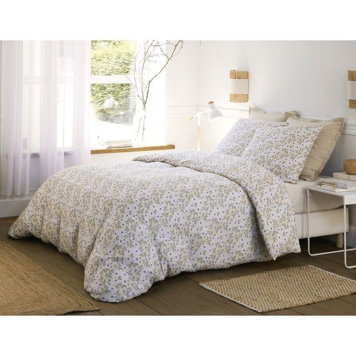 Housse De Couette + Taies - Lucile - 240x260 Cm - Gaze De Coton - Fleurs Blanches Sur Jaune Clair