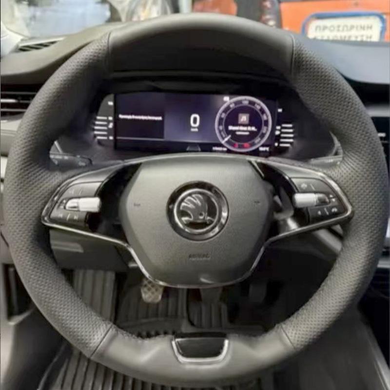 Hand-stitched Style for Skoda Octavia Superb Kamiq 2 Spoke Steering Wheel -2024 Black Leather Steering Wheel Cover
