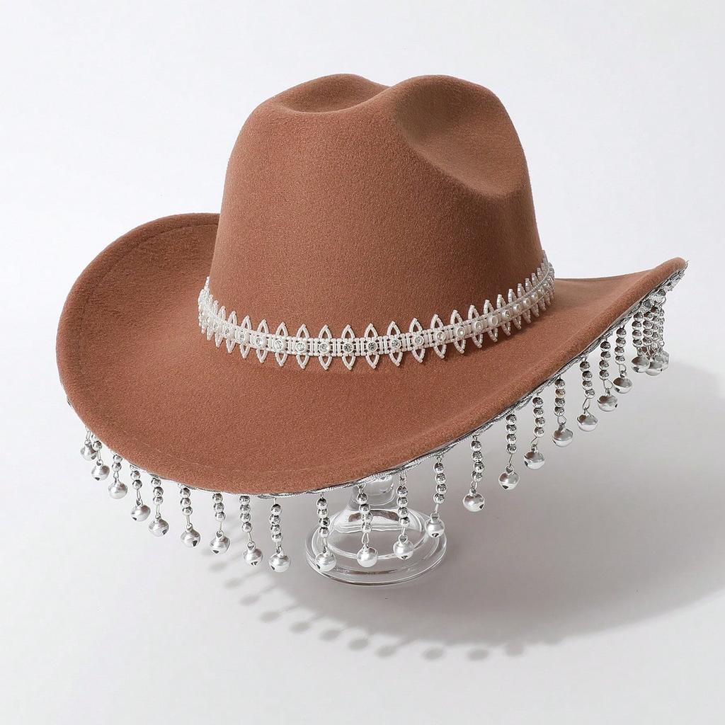 Western cowboy top hat imitation ivory rhinestone casual top hat small bell fringed jazz hat