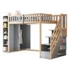 Letto a soppalco multifunzionale 90x200cm con mensole, armadio contenitore e grande armadio, scaletta di sicurezza con vani portaoggetti, colore grigio + legno naturale