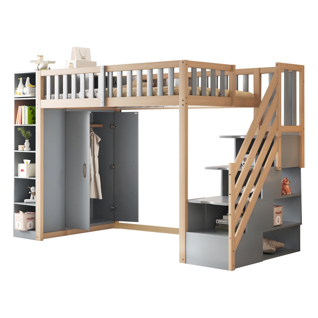 Letto a soppalco multifunzionale 90x200cm con mensole, armadio contenitore e grande armadio, scaletta di sicurezza con vani portaoggetti, colore grigio + legno naturale