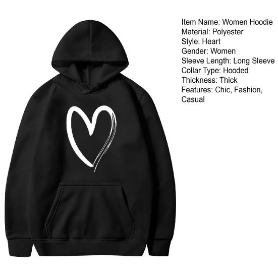Women's Heart Print Hoodies Fall Long Sleeve Drawstring Pullover Top Oversized Fleece Lined Sweatshirt with Pocket