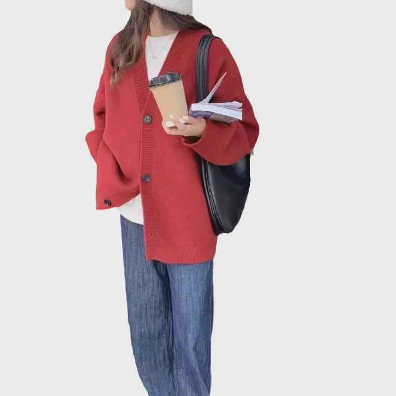 2024 Autumn/Winter Women's Soft V-Neck Pink Cardigan Sweater - Simple, Lazy Style Knit Outerwear
