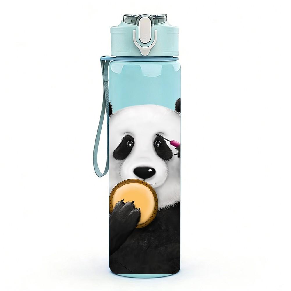 1PC Panda Holding Fruit Bite Pattern 750ml Color Plastic Sports Water Bottle Leakproof Flip Straw Lid Suitable for Sports Office Home Use