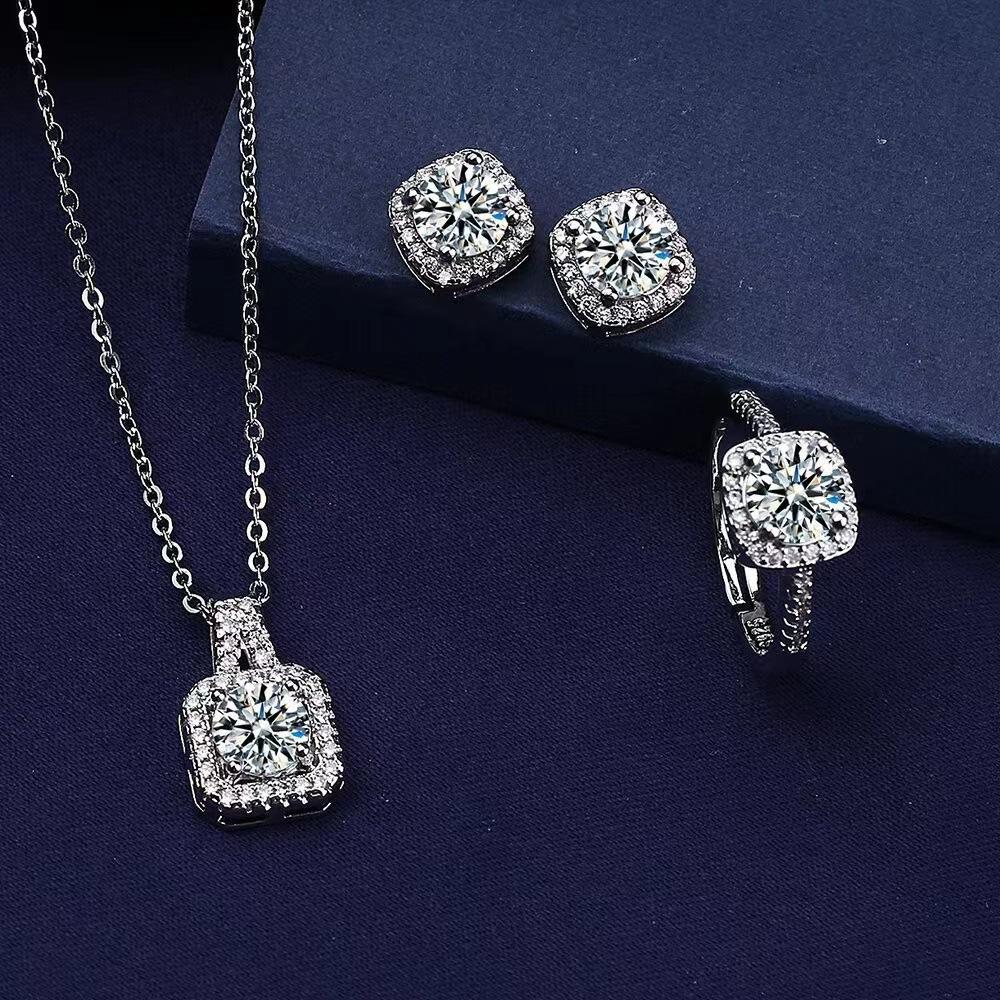 1PC Luxury Cube Zircon Set, Women's Elegant Necklace, Earrings & Ring Set, Perfect Gift for Valentine's Day, Christmas Gift, Bi