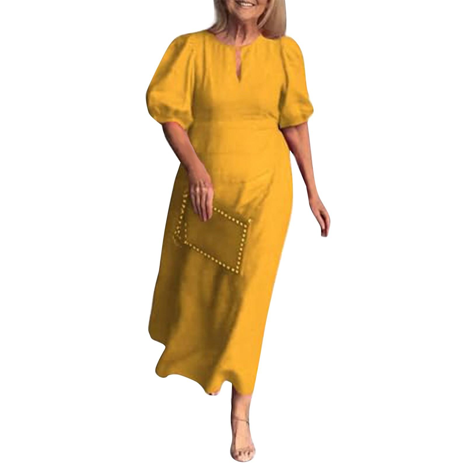 

Женские модные однотонные свободные повседневные платья с круглым вырезом и рукавами-фонариками XL жёлтый