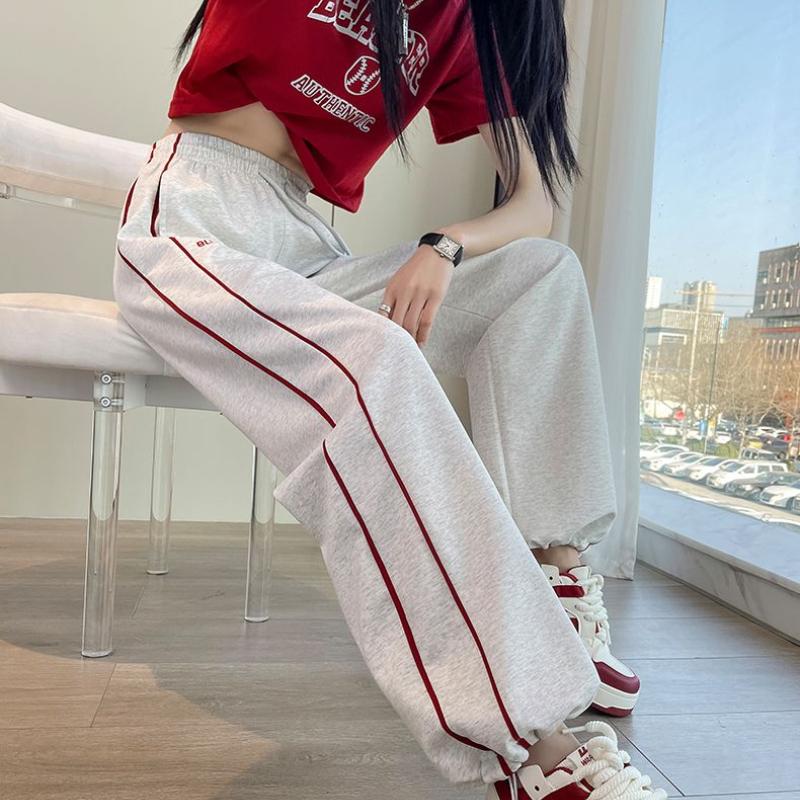 Gray Striped Sweatpants for Women - Spring Thin Edition High-Waisted Drapey Casual Loose Straight-Leg Cuffed Wide-Leg Joggers