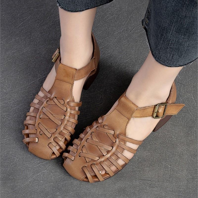 Johnature Sandales respirantes tricotées ajourées pour femmes, chaussures rétro en cuir véritable confortables à talons épais