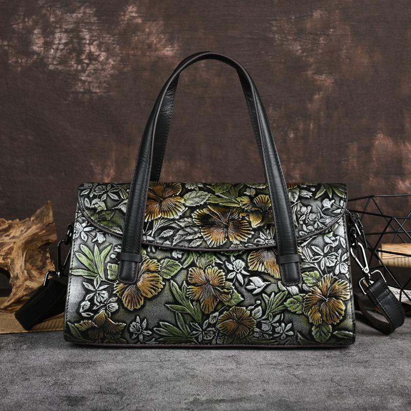 Женская сумка из натуральной кожи в стиле ретро, ​​универсальные сумки ручной работы с тиснением большой вместимости на плечо и через плечо серебряный