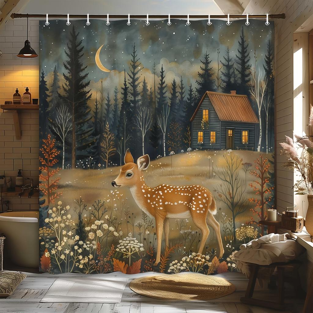 Enchanting forest cabin shower curtain - Deer hanging on the living room wall in the moonlit forest, bedroom decoration -natural