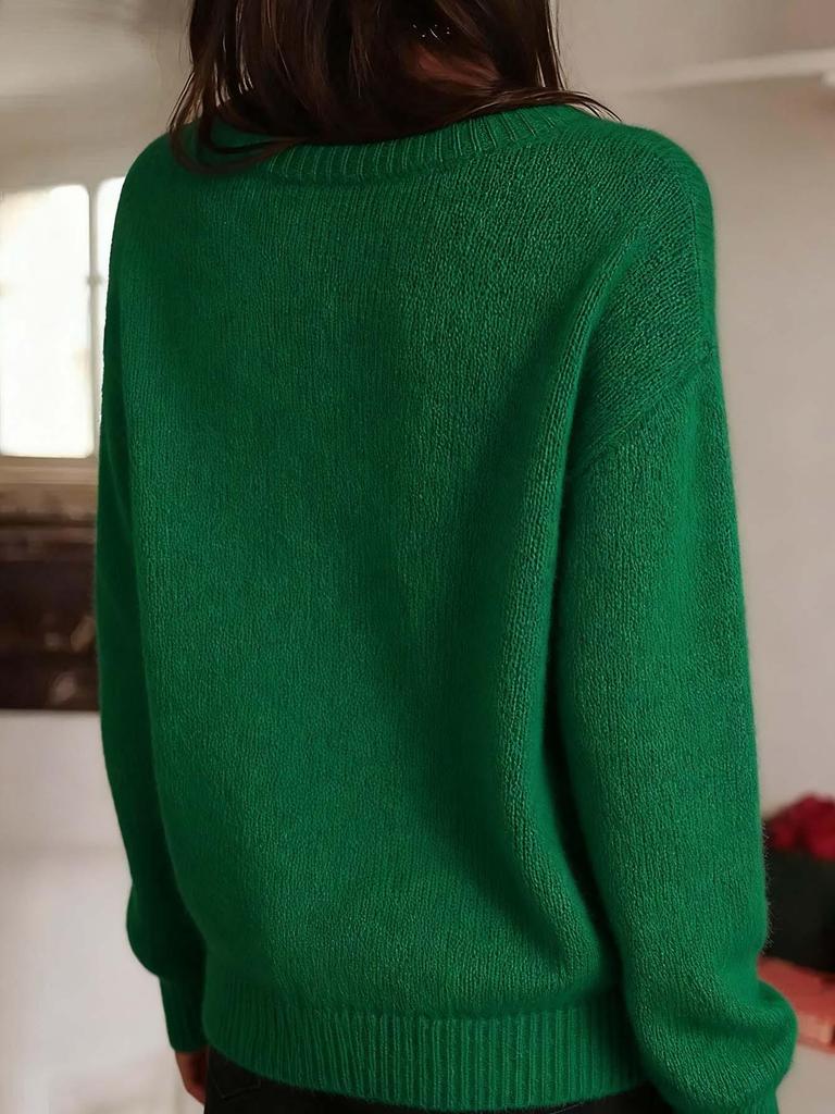 2026 Green Knit V-Neck Cardigan: European & American Style, Long-Sleeve, Versatile for Spring & Autumn