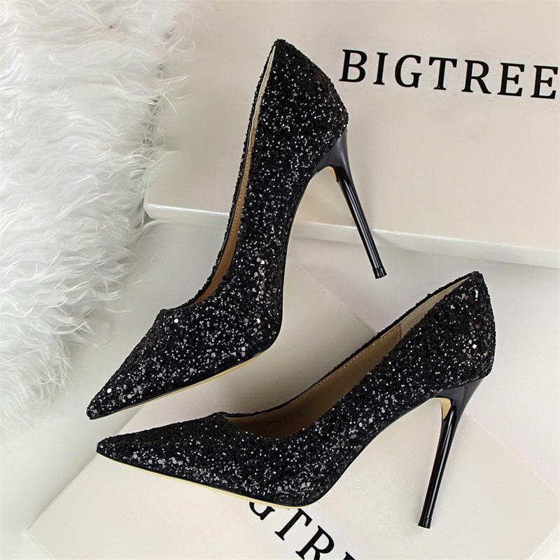  Women Fashion Pointed Toe Thin High Heels Sequins Glitter Luxury Designer Pumps Wedding Bridal Gold Valentine  Shoes