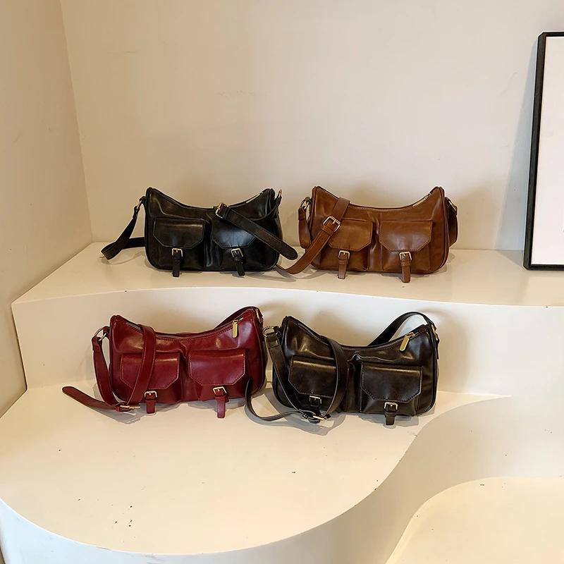 Geantă de umăr retro cu fermoar pentru femei  PU monocromatic  Capacitate mare  Genți de umăr casual  Linie de cusătură