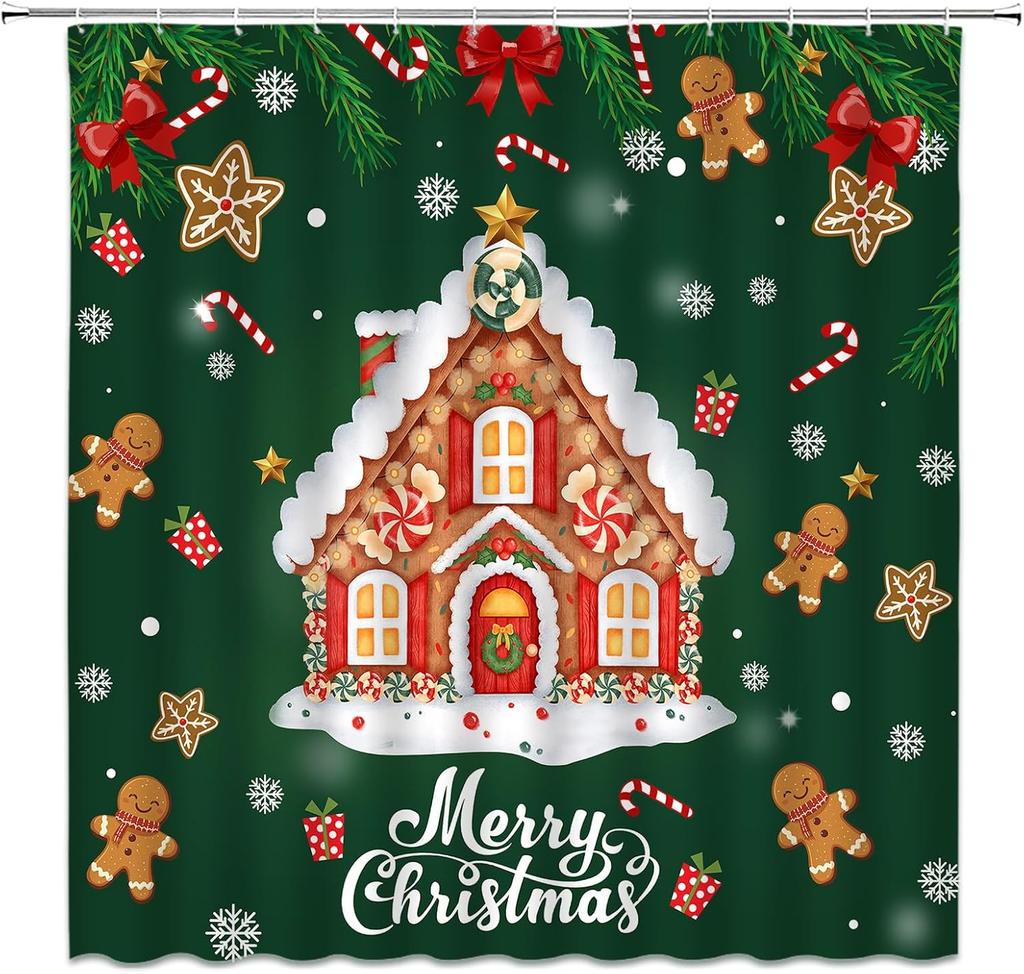 Gingerbread House Shower Curtain Christmas Candy Cane Snowflake Pine Leaves Snowy Winter Fabric for Bathroom Decor Bathtub with