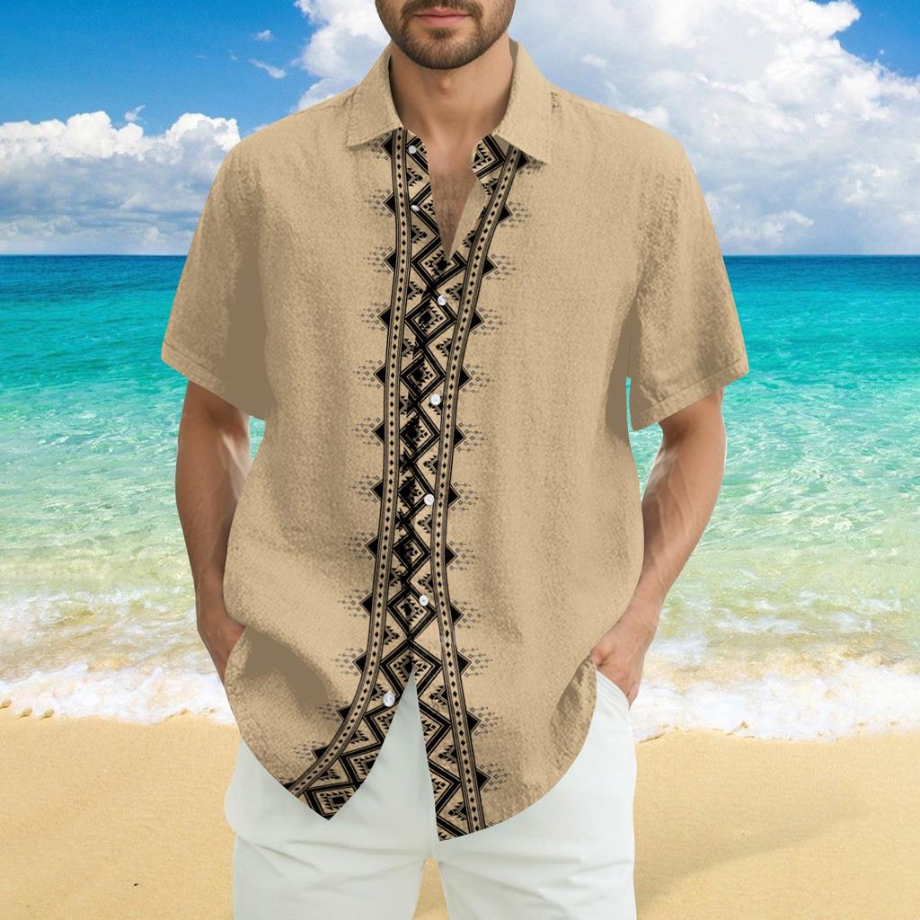Men's Fashionable Casual Loose Striped Printed Beach Short-sleeved Shirt