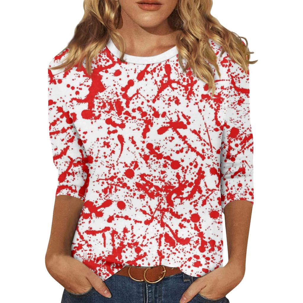 Fashion 3/4 Sleeve Shirts For Women S-5xl Cute 2024 Halloween Print Graphic Tees Blouses Casual Plus Size Basic Tops Pullover