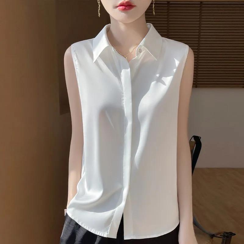 Women White Satin Lapel Sleeveless Button Down Shirt