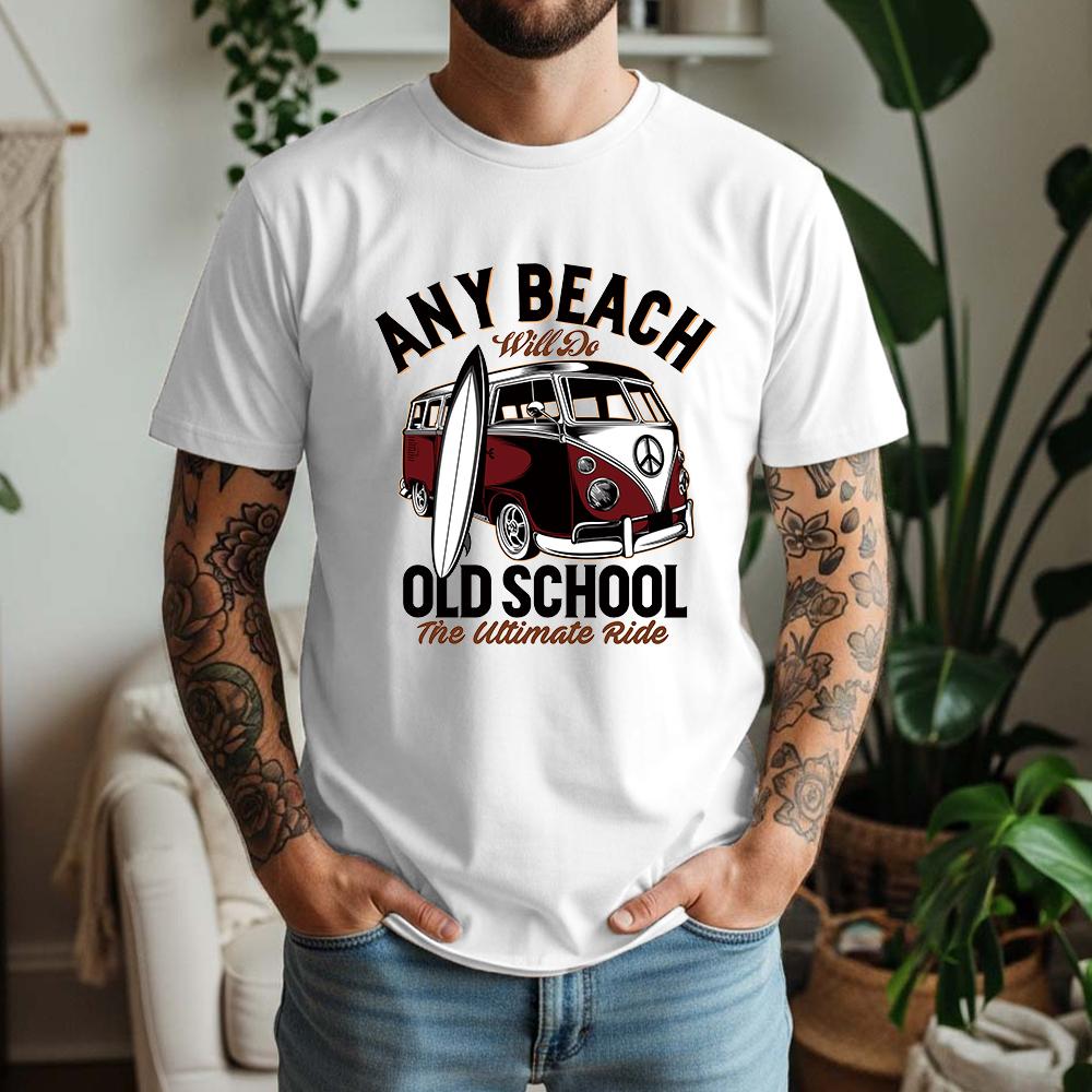 Vintage Old School Surf Bus Surfboard Print Unisexs T Shirt Loose Short Sleeve Crew Neck Beach Vacation Casual Tees