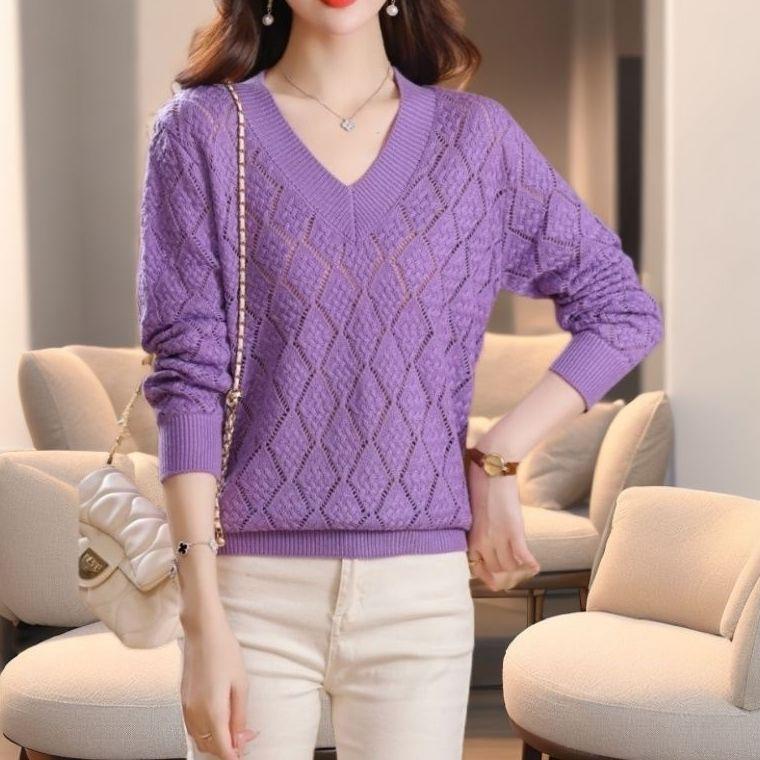 Women's V-neck Plus Size Sweater  Loose Hollow Out  Solid Color Loose Knit Pullover Sweater  Autumn Spring Summer