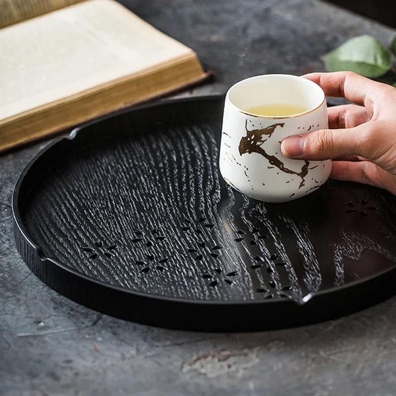 Round Wooden Tray Serving Plate Large Black Coffee Breakfast Serving Platter Dishes Fruit Plate Chinese Tea Tray Wooden Utensils