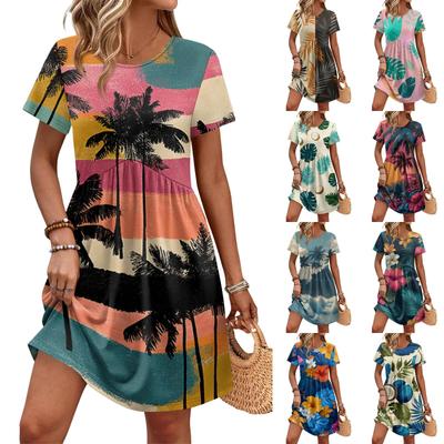 Women’s Casual Short Sleeve V Neck Dress with Pockets Relaxed Fit Summer Dress with Tropical Print for Everyday Wear