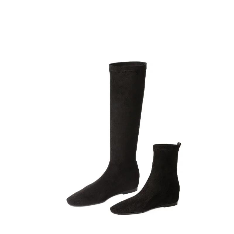 2024 Pantofi noi de damă Ghete de damă până la genunchi Ghete moderne concise pentru femei, cusut cu vârfuri pătrate, pantofi cu slip on la jumătatea gambei, pentru femei