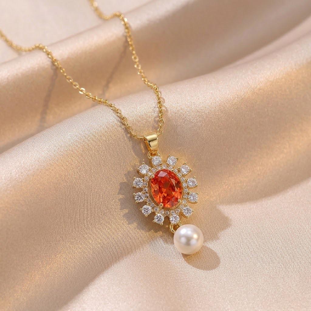 Necklace: Women's European & American Style Copper Sunflower Pendant with Zircon, Pearl, and Water Drop Design Fashionable Collarbone Chain Jewelry.