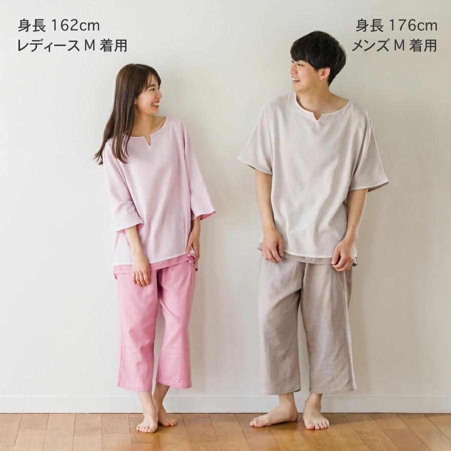 Gauze Size Short Double Loose Perfect for Loungewear [Wasaraf] Women's Two-Ply Pajamas, 3/4 Sleeves, 100% Cotton, Pink, L, Loungewear, Sleeves,