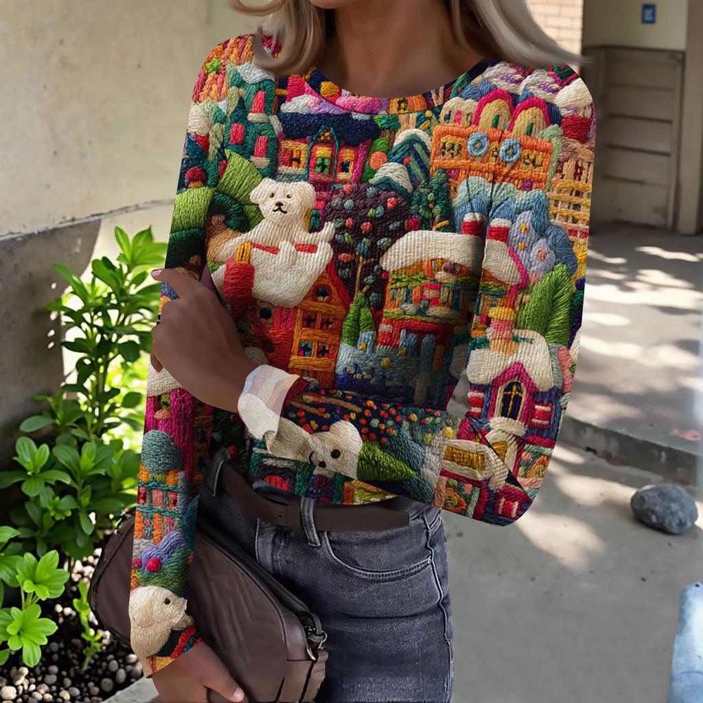 Women's  Slim Bottom T-shirt Fashion Casual Gradient Printing Round Neck Pullover Long Sleeve Top