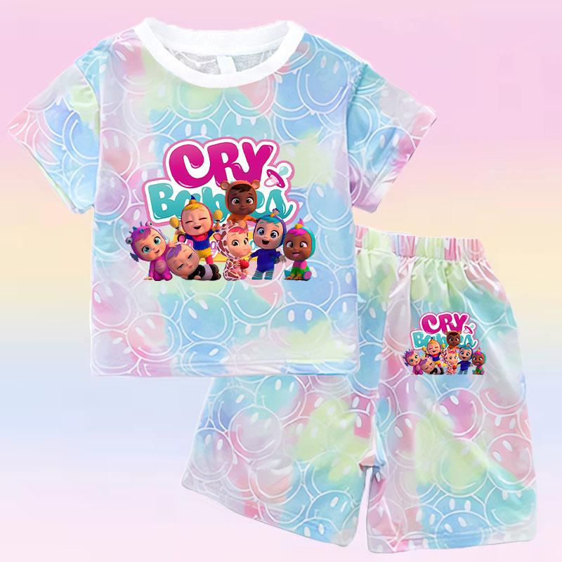 Crying Babies T-shirt Set Children Summer Clothing Girl Cartoon Anime Short Sleeve Sets Leisure Kawaii Clothes Kid Cute Tee Gift
