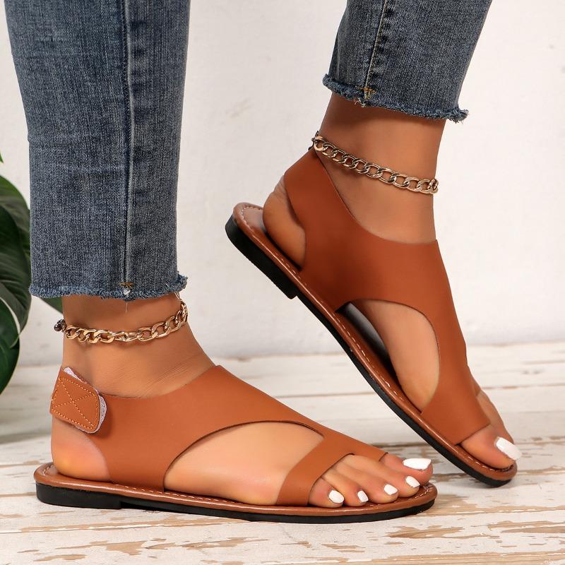 Fashion Big Size 43 Hook & Loop Flat Beach Shoes Comfortable Soft Leather Hollow Out Peep Toe Low Heel Sandals for Womens Casual