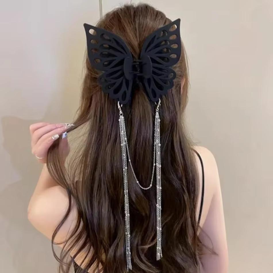 Butterfly Tassel Hair Claw Simple Solid Color Ponytail Claw Clip Girls Woman Fashion Female Large Size Headwear Hair Accessories