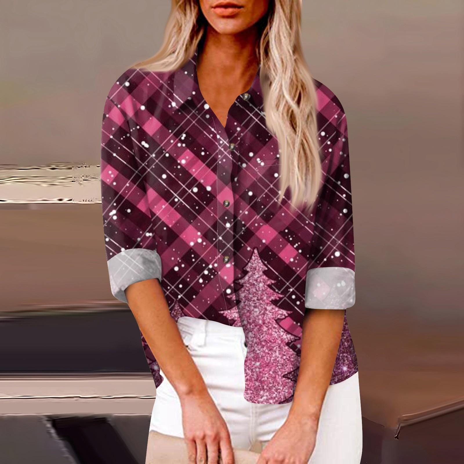 Женская свободная повседневная рубашка с длинными рукавами и рождественским принтом — фото 7