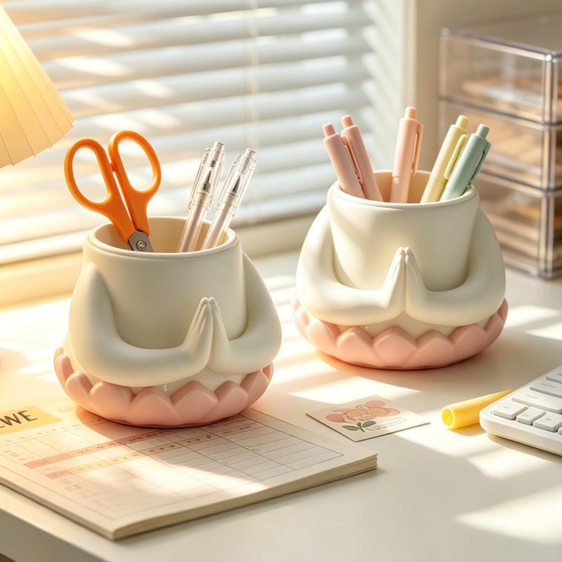 Kawaii Buddha Hands Resin Pen Holder Lotus Design Abs Organizer for Office Desk Stationery Storage Home Bedroom Desktop Decor