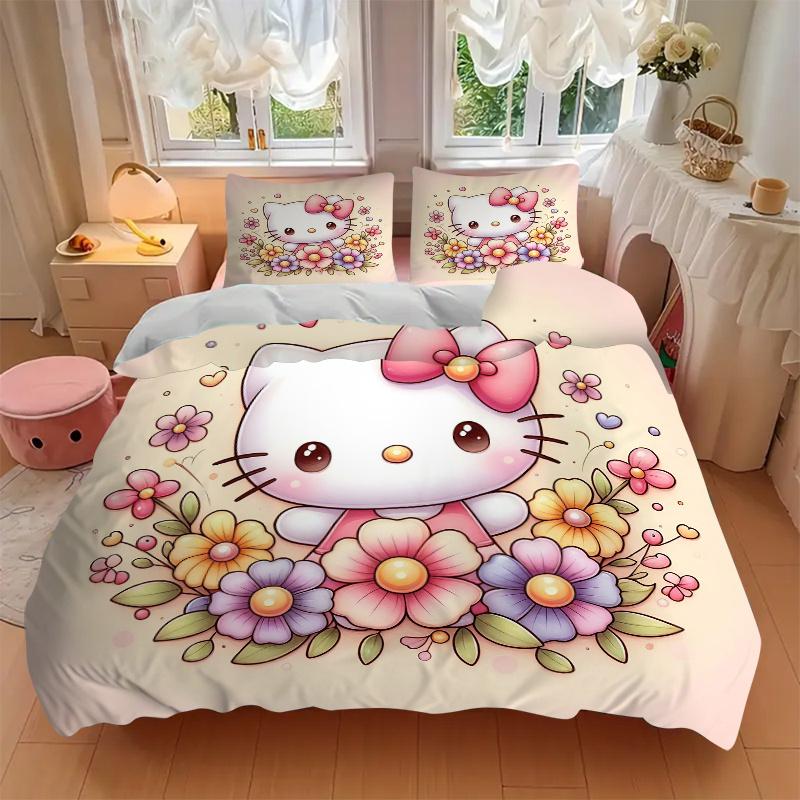 3pcs Cartoon Kitty In a Garden of Flowers Printed Quilt Set - Soft and Comfortable Quilt Cover for Bedroom, Guest Room H039