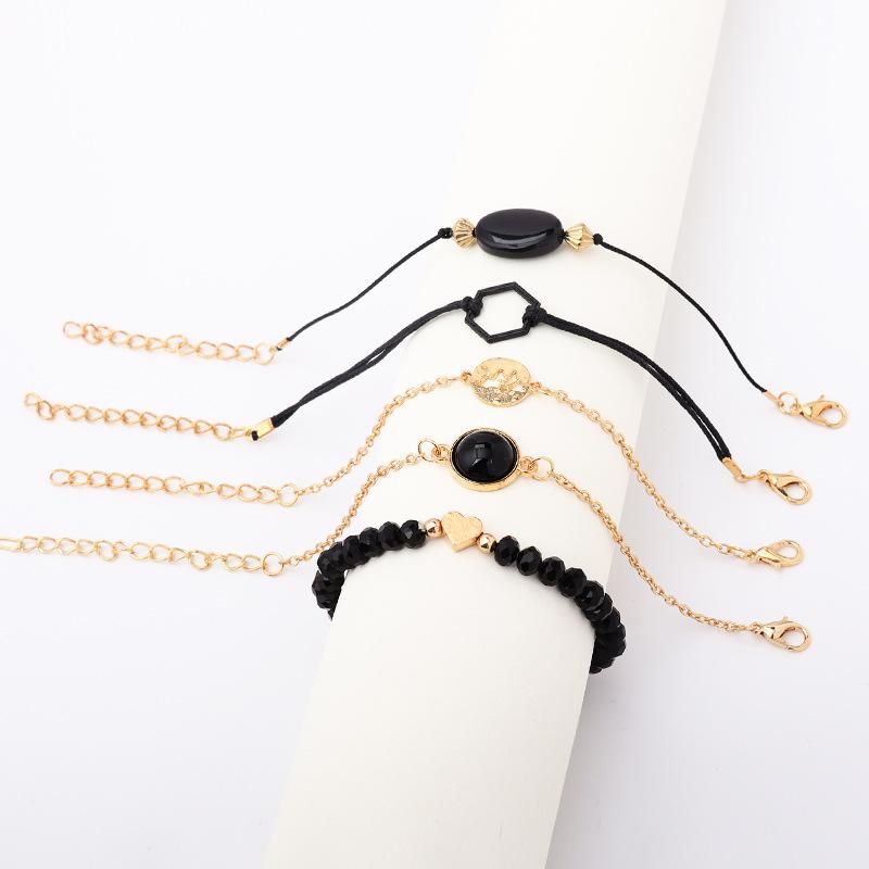 New European and American models, handmade black beaded map bracelet, round inlaid geometric black gemstones 1-piece set