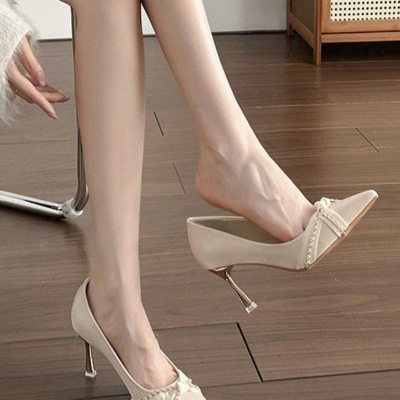 Temperament Stiletto Single Shoes Autumn New Pointed Toe Shallow Mouth Metal Chain Slip-on Anti-slip Wear-resistant High Heels