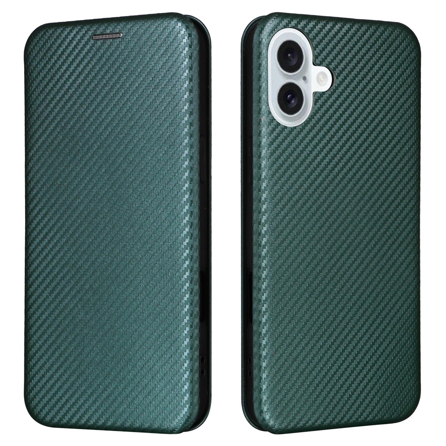 

For iPhone 16 Plus Case PU Leather Carbon Fiber Texture Phone Cover with Card Holder Green
