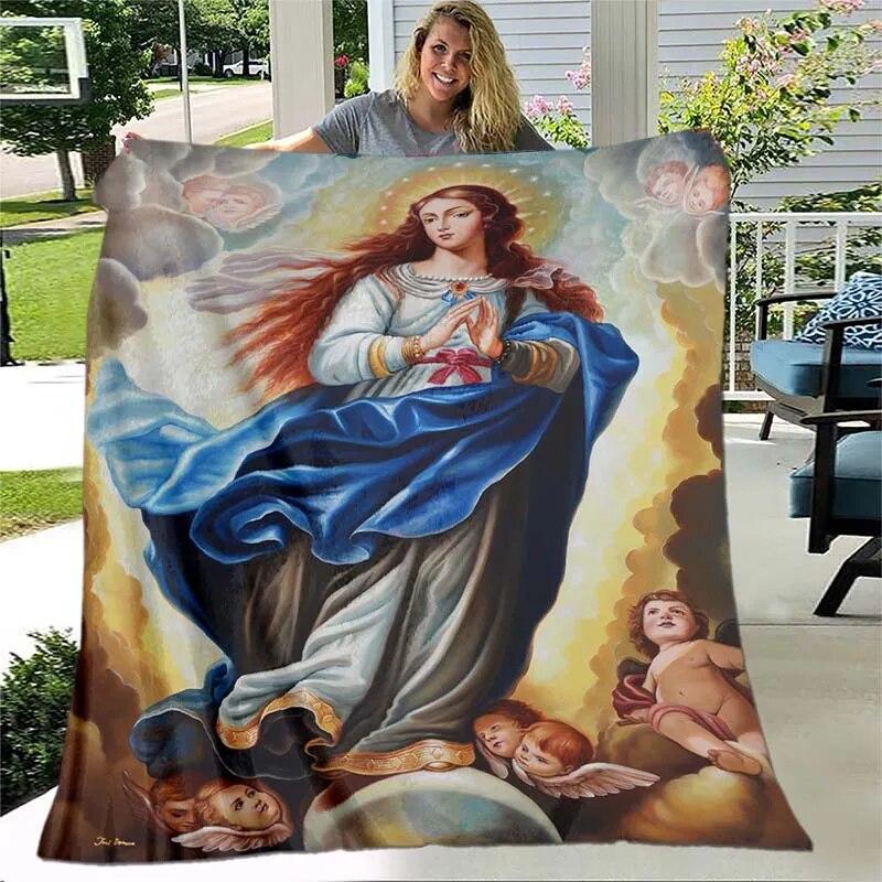 Jesus Jungfrau Maria Prayer Blanket- Lightweight Flannel Throw for Sofa ,Digital Printed Blanket with Soft & Worm Flannel Fabric