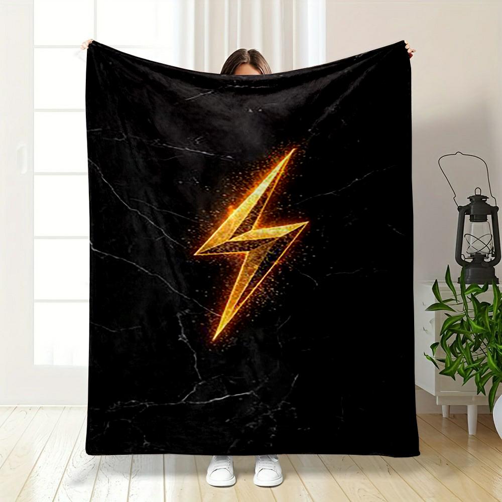 "Golden Lightning Bolt On Black Marble" Printed Flannel Blanket for Bedroom, Living Room, Sofa, and Nap